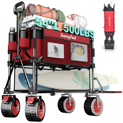 SUNNYFEEL Double Decker Folding Wagon Cart - 500lbs Heavy Duty Collapsible Utility Wagon with All Terrain Big Wheels & Drop Down Tailgate,400L Large Capacity Wagon for Camping,Garden,Sports