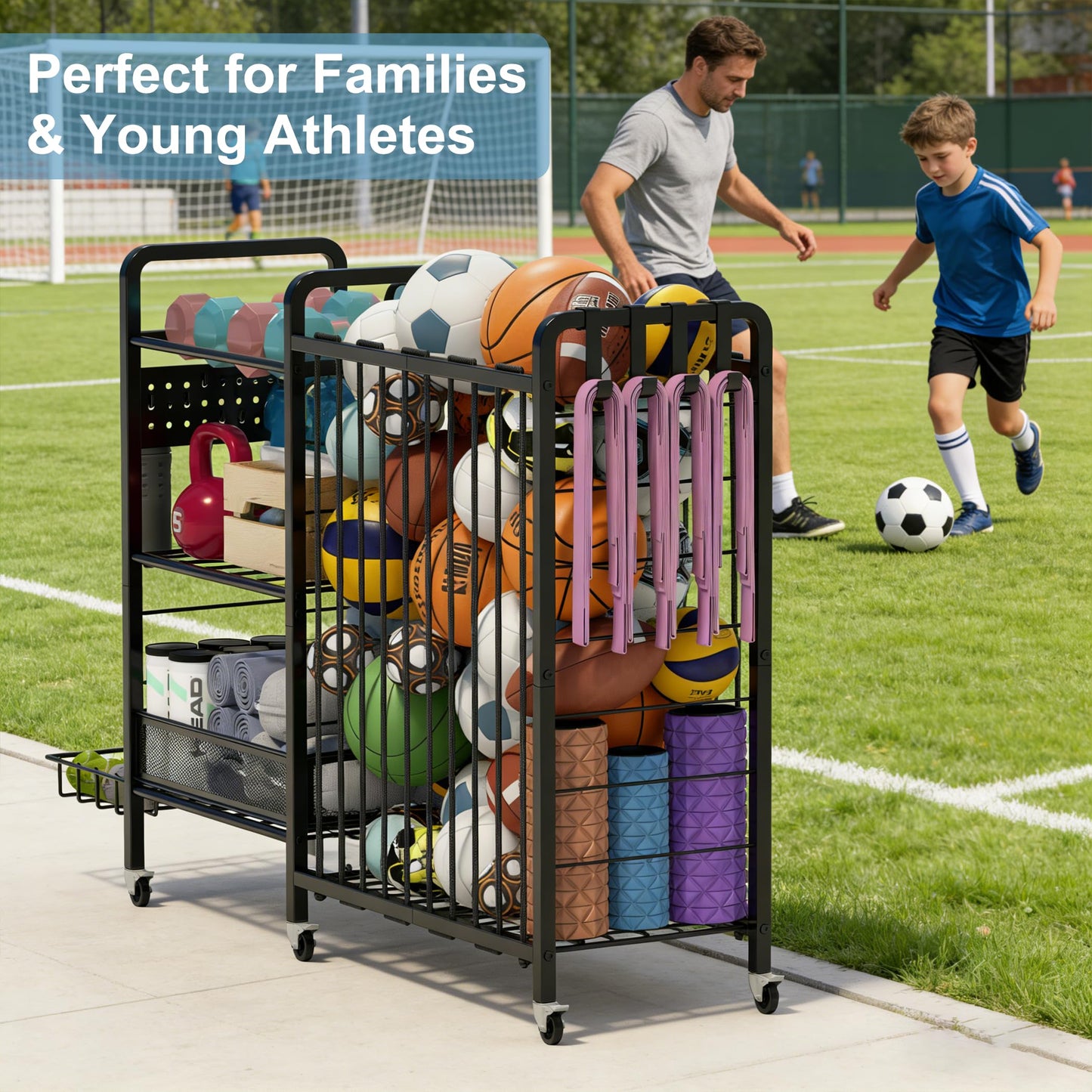 DUDUXI Sports Equipment Garage Organizer,Garage Ball Storage Rack for Sports with Wheels-Upgraded 3 Layers Organizer Rack Outdoor Basketball Racks for Balls with Holder and Hooks (Deep Black)