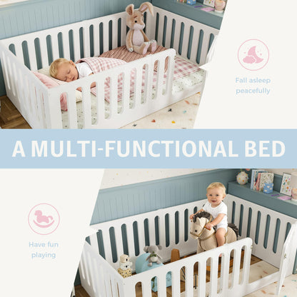 GDFStudio Twin Size Montessori Floor Bed with Door, Solid Wood Kids Floor Bed Frame, Low Profile No Box Spring Needed, House Style Design, Sturdy Slat Support, Light White Finish