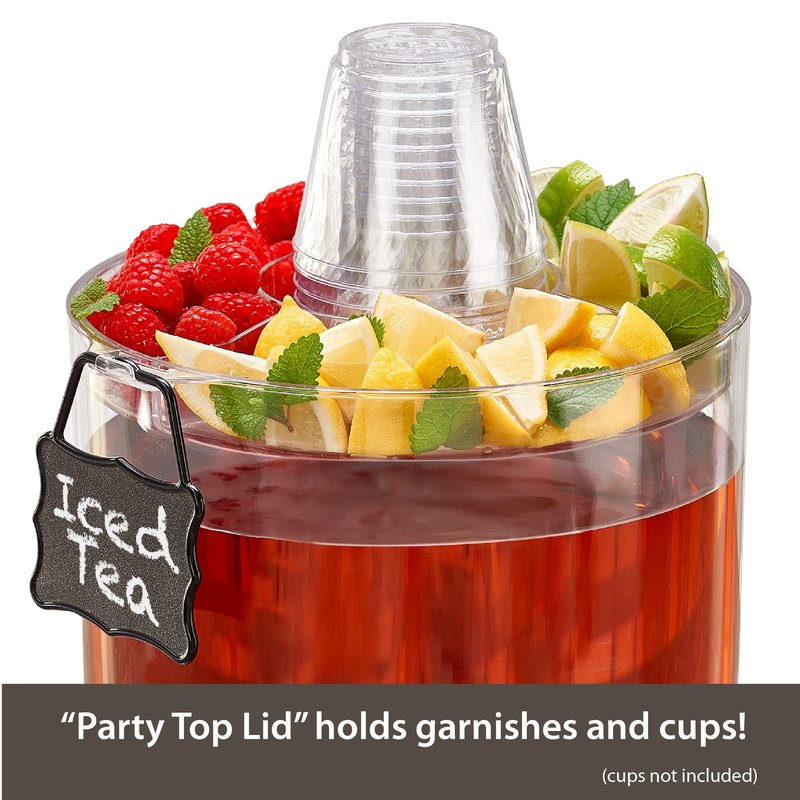 Buddeez Durable 2 Gallon Beverage Dispenser with Stand - Stackable Drink Server for Parties - Includes Party Top Lid and Chalk board Tag
