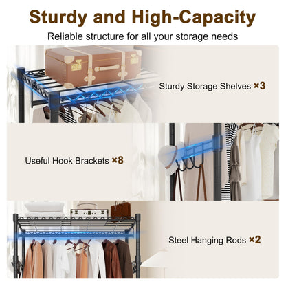 Whitmor 3 Tier Rolling Garment Rack, Heavy Duty Adjustable Metal Clothing Rack with Side Hooks, Double Rods & 360° Lockable Wheels, Max 600LBS for Hanging Clothes, 43" L x 18" W x 80" H, Black