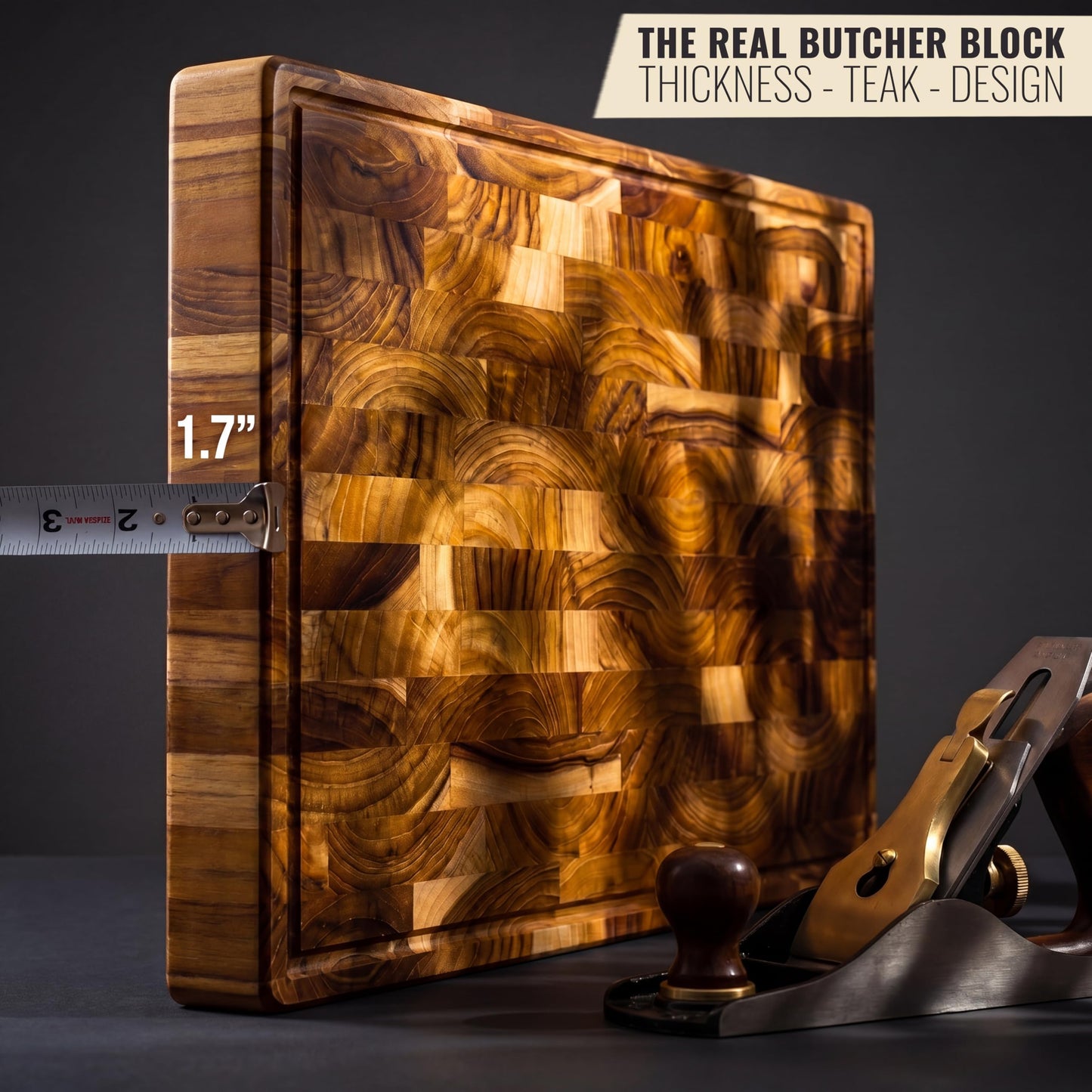 XXL Teak Wood Cutting Board, 24 x 15 Inch (ExtraThick 1.7") Hardwood Butcher Block for Meat, Cheese, Charcuterie Heavy Duty End Grain Non Toxic Wood Chopping Board with Handle (Oil & Plate included)