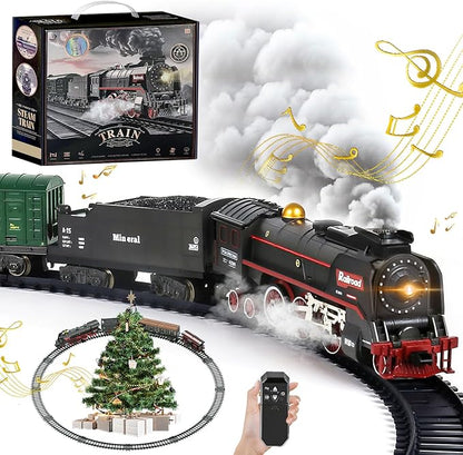 Christmas Electric Remote Control Train Set with Smoke Lights Sound Locomotive Cars and Remote Carriage 3 Smoke Outlets USB Rechargeable with Track Under Christmas Tree Gifts for Kids 3+