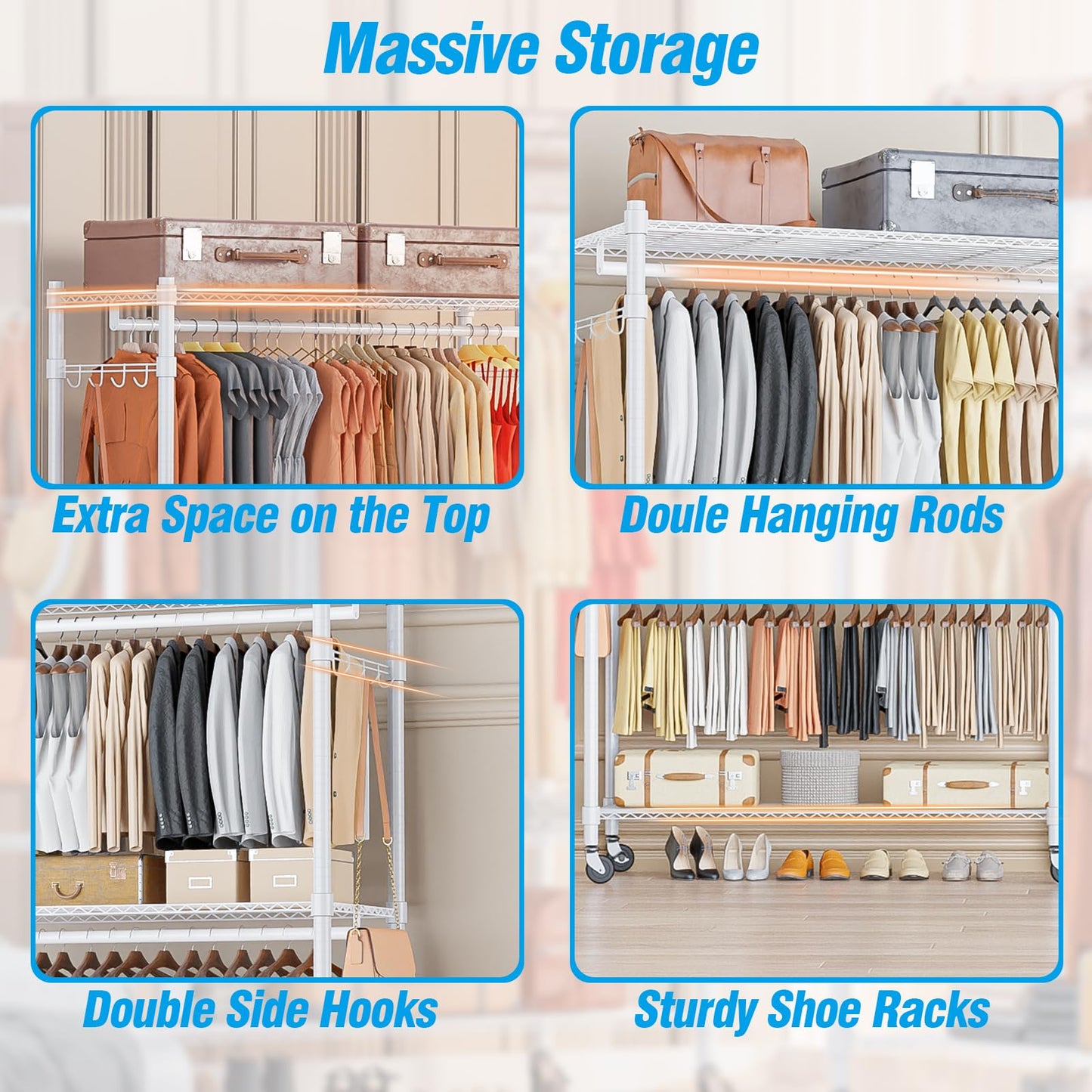 Homdox 3 Tier Garment Rack with Wheels, Portable Closets for Hanging Clothes Heavy Duty, Closet Racks and Shelving with Double Hanger Rods & Side Hooks, White