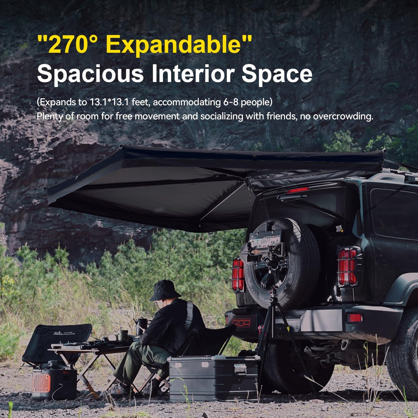 Hard-Shell Litewing 270° Car Awning Driver Side (Left Side) - Heavy Duty Aluminum Frame, One Person Setup, UV Protection, LED Light Strip for Camping, Overlanding, Off-Road