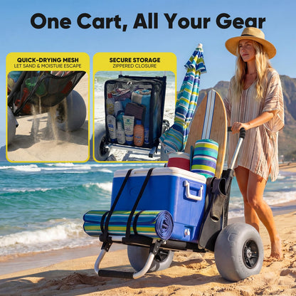 Sekey Beach Wagon with 12" Big Wheels for Sand, Heavy Duty Collapsible Beach Cart with Balloon Tires, Foldable Utility Sand Wagon for Outdoor Camping, Fishing & Groceries.Black