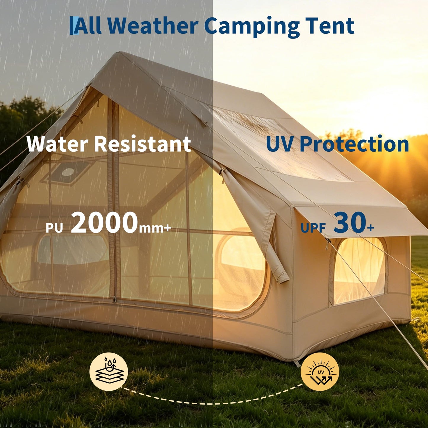 Inflatable Camping Tent for 2-6 Person, Quick Setup Blow Up Tent with Hand Pump, Waterproof 4 Season Air Glamping Tent with Skylight, Mesh Windows & Stove Jack, for Camping, Beach, Outdoor