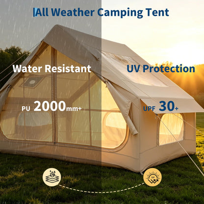 Inflatable Camping Tent for 2-6 Person, Quick Setup Blow Up Tent with Hand Pump, Waterproof 4 Season Air Glamping Tent with Skylight, Mesh Windows & Stove Jack, for Camping, Beach, Outdoor
