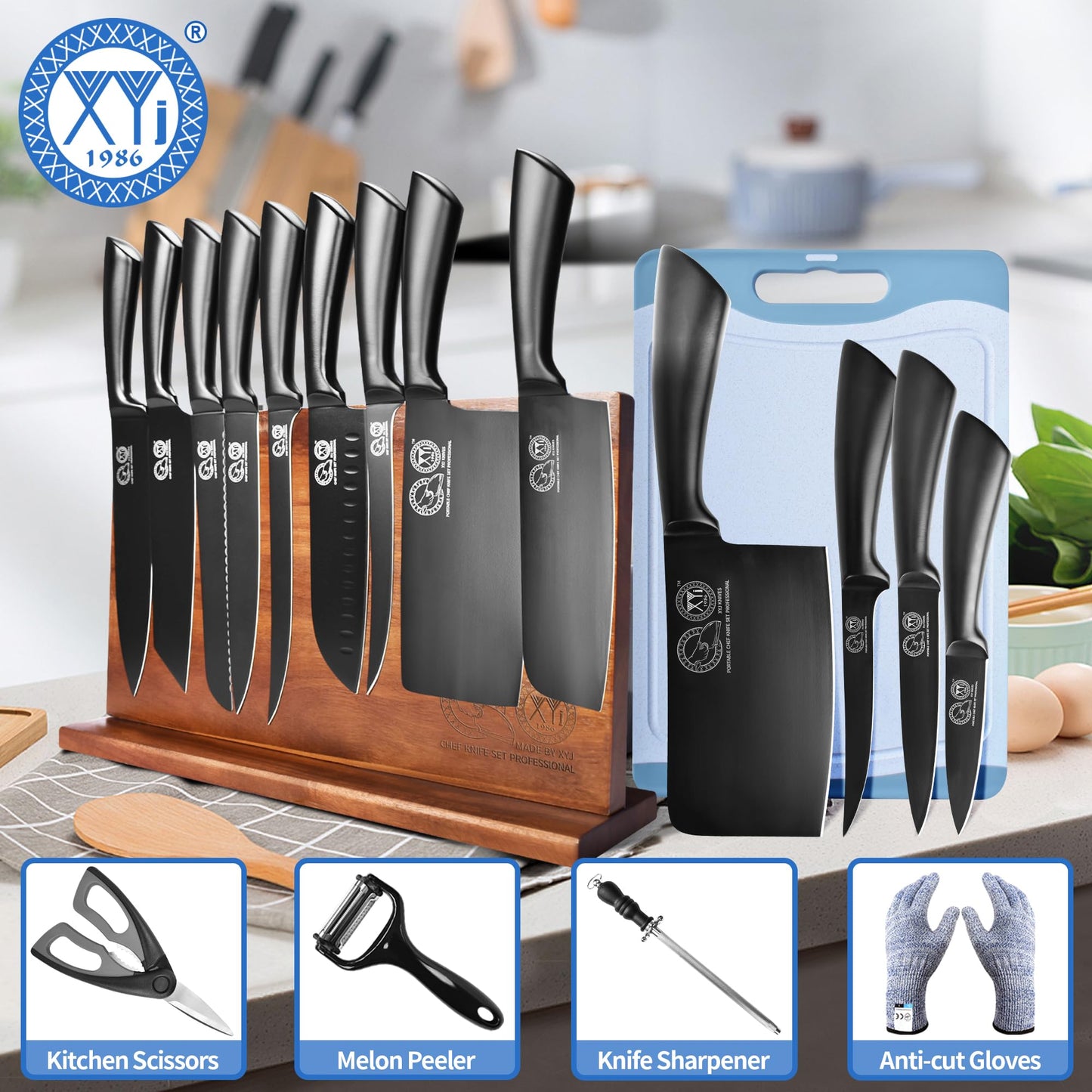 XYJ Professional Knife Sets for Master Chefs,Meat Cleaver Butcher for Camping,Chef Knife Set with Magnetic Knife Block,Stainless Steel Kitchen Knives Tools Kit
