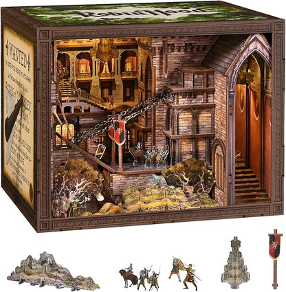 Book Nook Kit DIY Doll House Booknook Miniature Kit for Bookshelf Doll Houses for Adults Teen Halloween 3D Wooden Puzzle Bookends with Led Light and Dust Cover (Robin Hood)