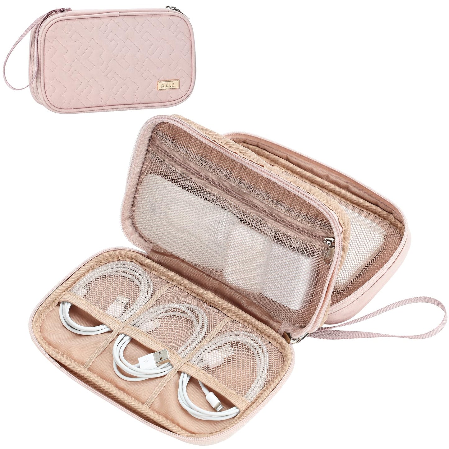NISHEL Travel Cord Organizer Case, Double Layers Tech Electronic Bag, Essentials for Charger, Cable, Phone, Flash drive, Pink