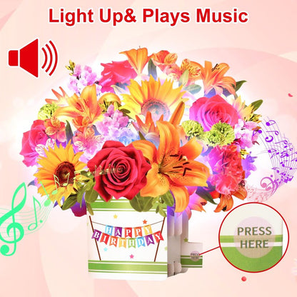 Yinqing Birthday Cards, 3D Popup Birthday Card for Women, Music and Light 10Inch Forever Sunflower Bouquet for Women Mom Wife Daughter Sister(Blank Notecard & Envelope)
