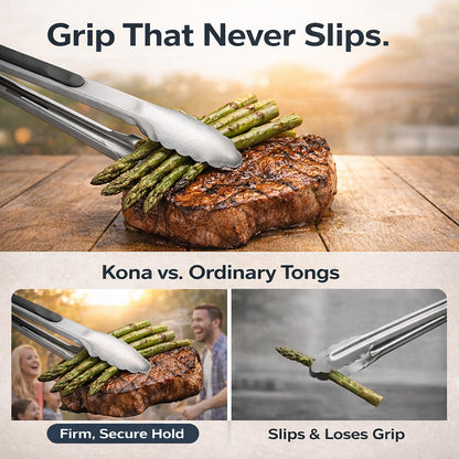 Kona Premium Stainless-Steel Locking Grill Tongs 17 inch, Sturdy, Heavy Duty Tongs - Great for Cooking, Grilling, and Barbecue (BBQ) [Set of 2]