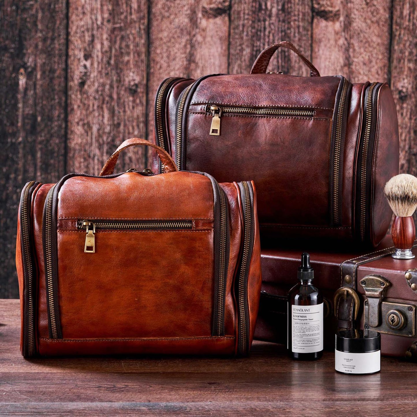 RC ROCKCOW Toiletry Bag For Men, Genuine Leather Toiletries Organizer, Large Travel Hanging Toiletry Bag Water-resistant Bathroom Shaving Kit for Cosmetics, Makeup Case Travel Dopp Kit