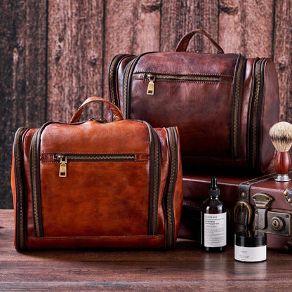 RC ROCKCOW Toiletry Bag For Men, Genuine Leather Toiletries Organizer, Large Travel Hanging Toiletry Bag Water-resistant Bathroom Shaving Kit for Cosmetics, Makeup Case Travel Dopp Kit