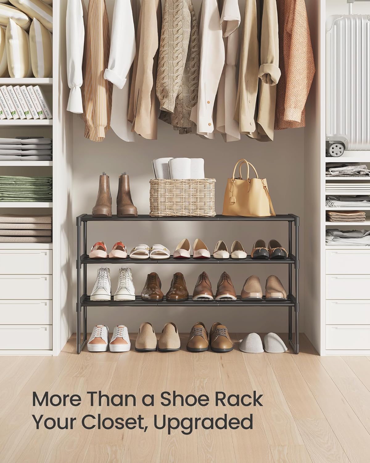 SONGMICS 3-Tier Shoe Rack - Stackable Metal Organizer for 16-20 Pairs | Black, 11.8 x 36.2 x 21.7 Inches