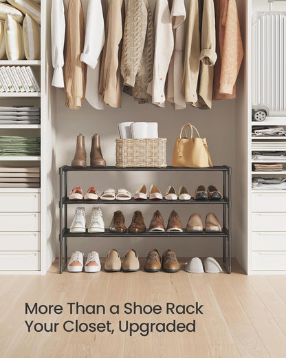 SONGMICS 3-Tier Shoe Rack - Stackable Metal Organizer for 16-20 Pairs | Black, 11.8 x 36.2 x 21.7 Inches