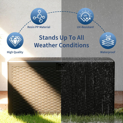 99 Gallon Waterproof Large Resin Deck Box Indoor Outdoor, Lockable Storage Container for Patio Furniture Cushions, Throw Pillows, Garden Tools, and Pool Floats Brown 50" L x 26" W x 25" H