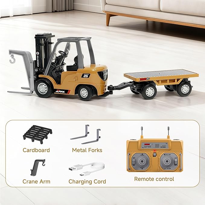 BRRRRT 1/64 Full Proportional RC Forklift Toy8 Channel 2 Mode Mini Remote Control Forklift Truck with Flatbed Tow Truck2 in 1 Transformable Lift Fork &amp Hook with Rechargeable Battery for 4+ Kids