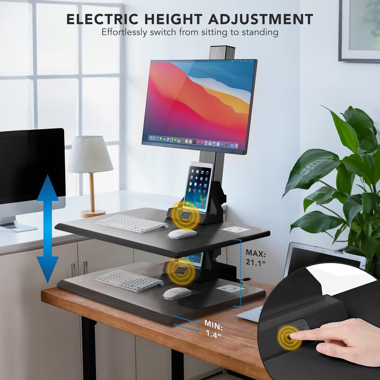 Mount-It! Electric Standing Desk Converter - Motorized Sit-Stand Desk Riser with Monitor Mount, Standup Powered Desktop Lift for Single Monitor up to 32", 28" Wide Keyboard Tray, Adjustable Height