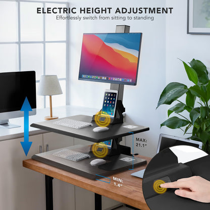 Mount-It! Electric Standing Desk Converter - Motorized Sit-Stand Desk Riser with Monitor Mount, Standup Powered Desktop Lift for Single Monitor up to 32", 28" Wide Keyboard Tray, Adjustable Height