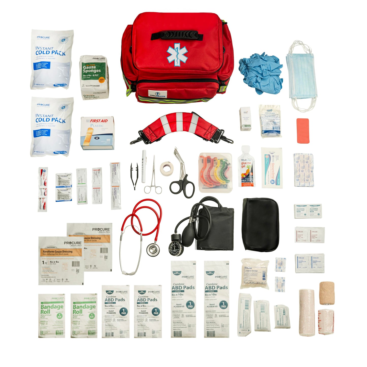 UppaHealth First Responder Fully Stocked Trauma First Aid Kit – EMT/EMS Emergency Medical Bag with 450+ Supplies for Home, Car, Workplace & Camping