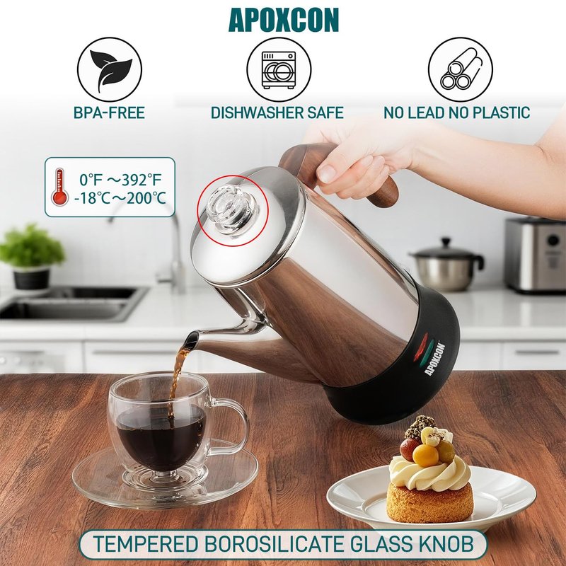 APOXCON Electric Coffee Percolator Stainless Steel Coffee Maker with Two Heat Resistant Glass Knob & Treated Solid Wood Handle Keep Warm Cordless Serve Elegant Design Coffee Pot On/OFF Switch 8 Cup