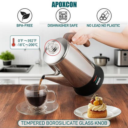 APOXCON Electric Coffee Percolator Stainless Steel Coffee Maker with Two Heat Resistant Glass Knob & Treated Solid Wood Handle Keep Warm Cordless Serve Elegant Design Coffee Pot On/OFF Switch 8 Cup