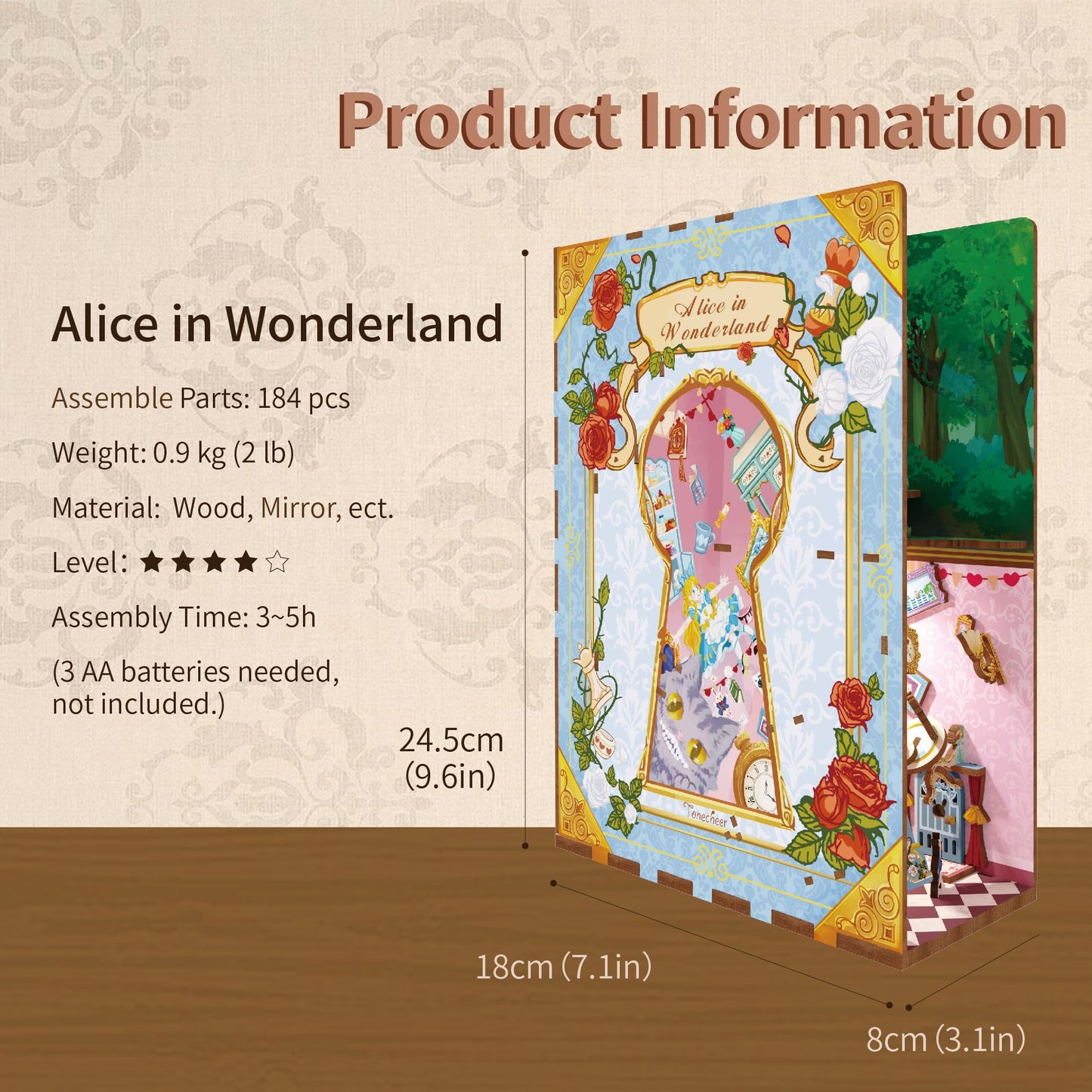 Tonecheer DIY Book Nook Kit for Adults,3D Wooden Puzzle Bookend Bookshelf Insert Library Decor, Booknook Miniature House Kit with Body Motion Sensor LED Light (Alice in Wonderland)