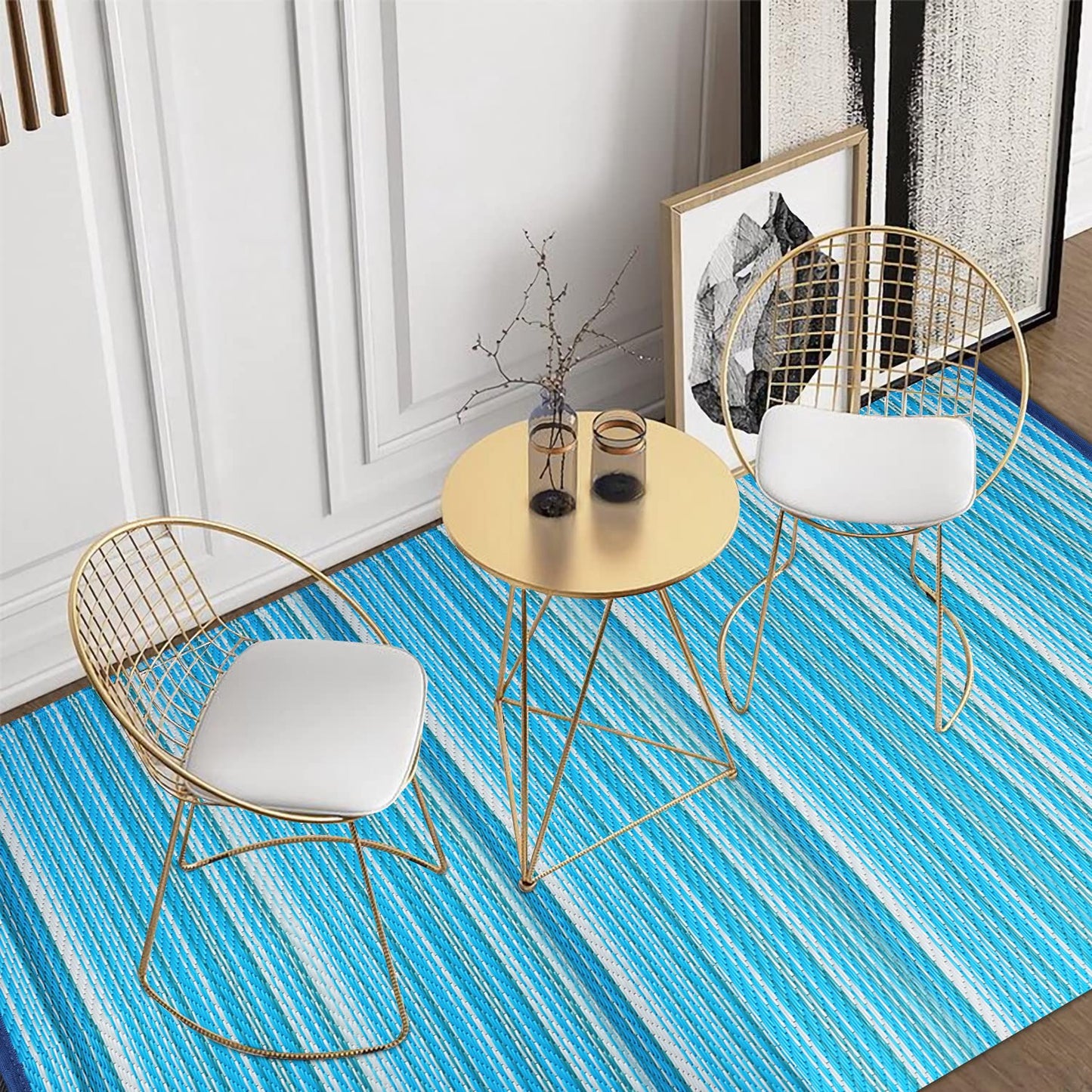 Wefavor Reversible Outdoor/Indoor Plastic Rug Plastic Straw Rug Waterproof Portable Mat, Easy to Clean and Fold,Perfect for Garden, Patio, Picnic, Decking-（Blue，9x12Ft）