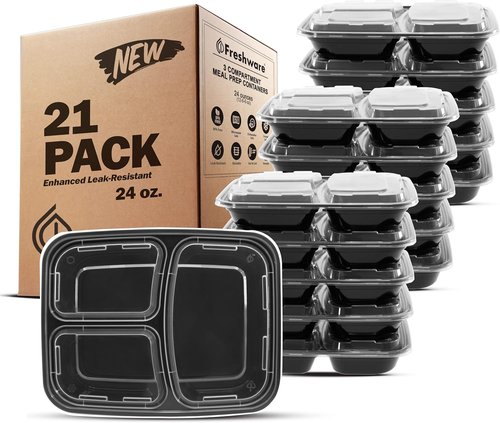 Freshware Meal Prep Containers - 21 Pack | 3 Compartment Bento Box, BPA Free, Microwave & Dishwasher Safe (24 oz)