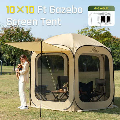 JELUCAMP 10x10 FT Pop Up Screen House Tent - Instant Screened Gazebo Canopy with Mosquito Net, Portable Backyard Tent for 4-6 People, Easy Setup Patio Shelter for Camping, BBQ, Sports & Outdoor
