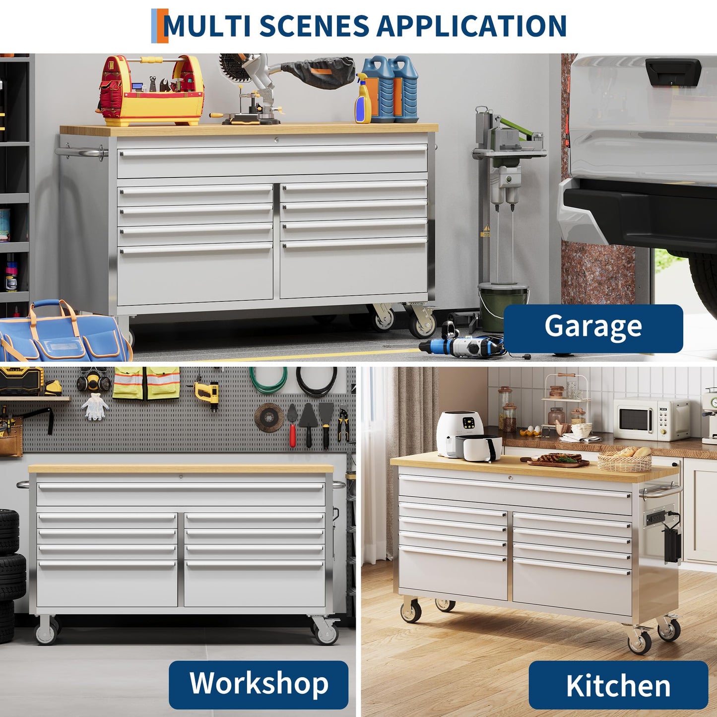 IDEALHOUSE 61 inch Rolling Tool Chest, Garage Workbench with 9 Drawers, Solid Rubber Wood Top & with Wheels Lock Key Locking, Mobile Workstation Tool Cabinet for Workshop Storage