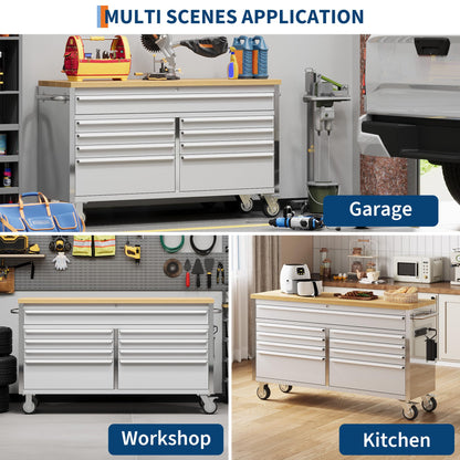 PeakPursuit 61" Rolling Tool Chest with 9 Drawers, Solid Rubber Wood Workbench Top, Locking Wheels & Key Lock, Mobile Garage Tool Cabinet for Workshop Storage & Organization, Silver