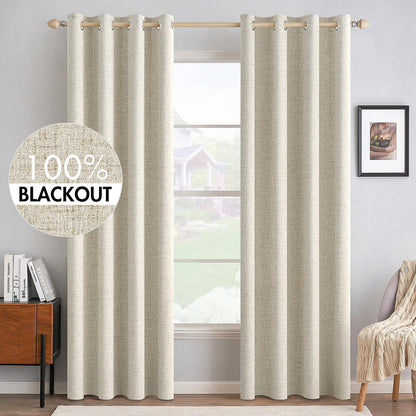 MIULEE 100% Blackout Linen Textured Curtains - Solid Thermal Insulated Cream Grommet Drapes | 52 x 96 Inch (2 Panels)