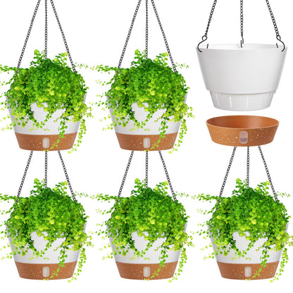 Amyhill 6 Pcs 8 Inch Hanging Planter for Indoor Plants Self Watering Hanging Pot Baskets with Drainage Hole Visible Water Level Tray with Hooks for Garden Outdoor(White)