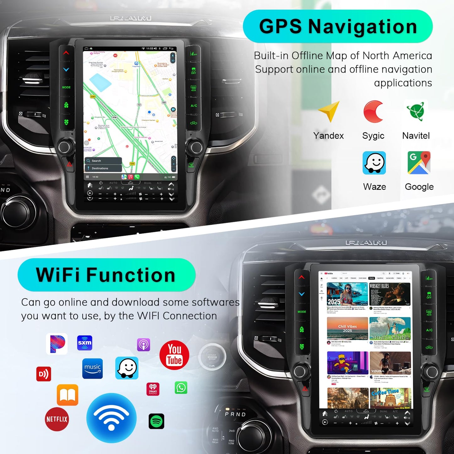 CRUIOLUT 8 Cores 4+64G Radio Upgrade,2019-2024 for Dodge Ram 1500 2500 3500 Truck Car Radio Upgrade,12 inch Vertical Touchscreen Support Wireless CarPlay Android Auto GPS Bluetooth FM SWC(12 inch)
