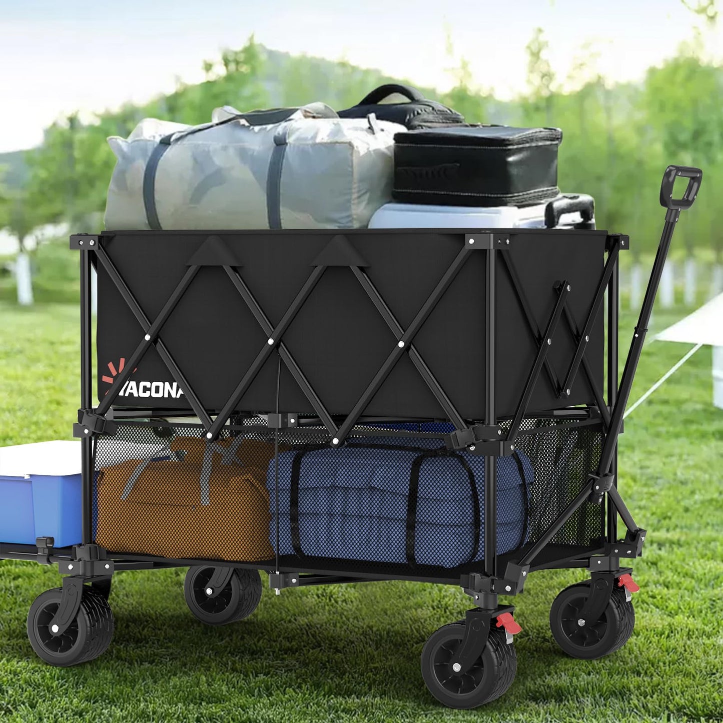 400L Large Double Decker Wagon Collapsible, 450lbs Beach Wagons Carts Foldable Heavy Duty, 55" Extended Utility Folding Cart for Camping, Garden, Sports, Grocery, Shopping