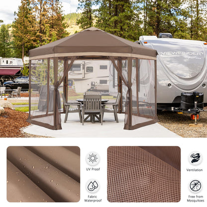 COOSHADE Pop up Canopy, 10X12 Pop up Tent with Mesh Walls, 6 Sides Gazebo, Patented 1 Step Lock Tech, Screened House for Outdoor/Camping/Lawn/Trip/Gathering, Khaki and Brown