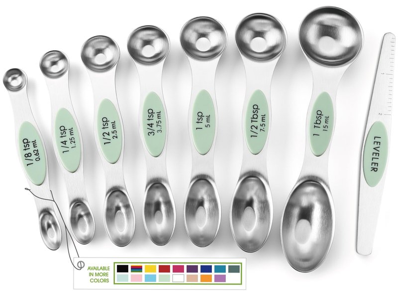Spring Chef Magnetic Measuring Spoons Set, Dual Sided, Stainless Steel, Fits in Spice Jars, Pistachio, Set of 8, 2 Pack