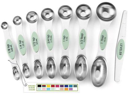 Spring Chef Magnetic Measuring Spoons Set, Dual Sided, Stainless Steel, Fits in Spice Jars, Pistachio, Set of 8, 2 Pack