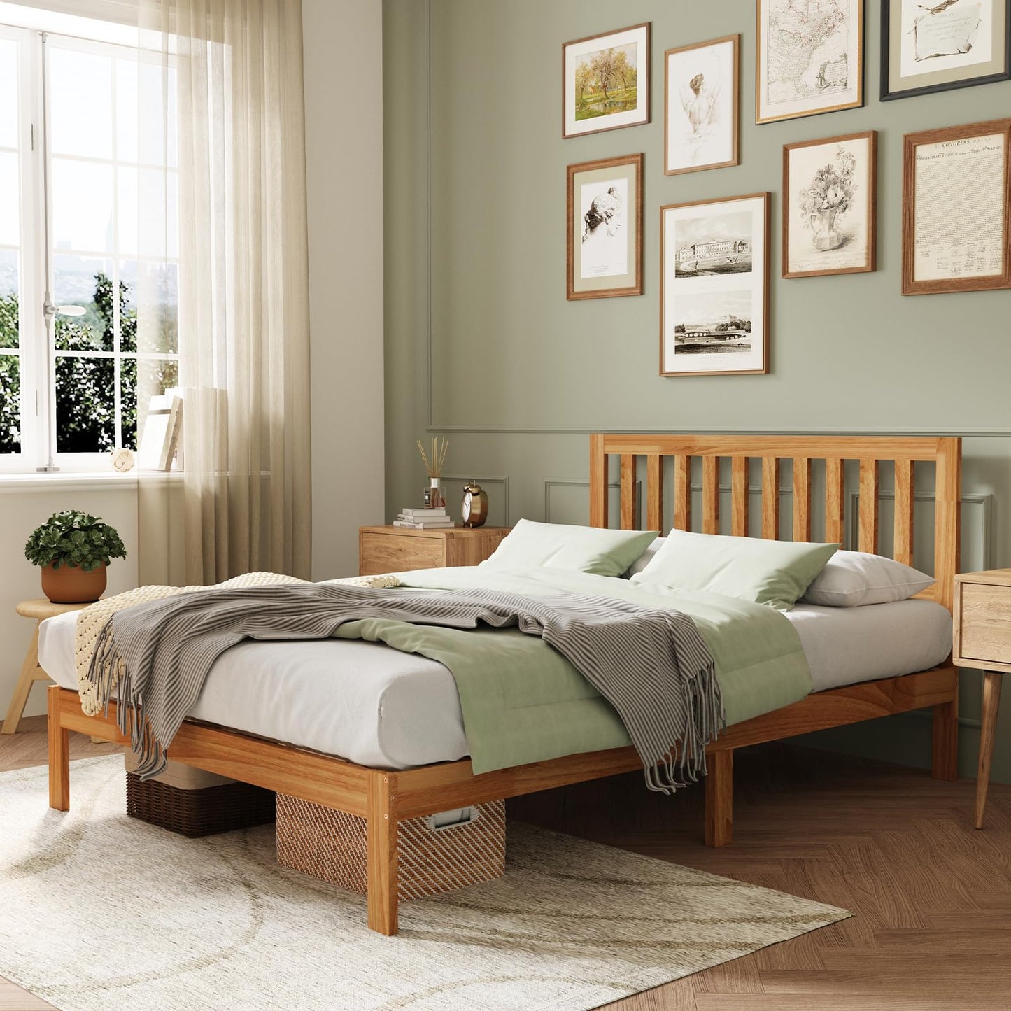 Novilla Queen Bed Frame with Headboard, Solid Wood Bed Frame Foundation with Wood Slat Support, No Box Spring Needed, Easy Assembly, Oak