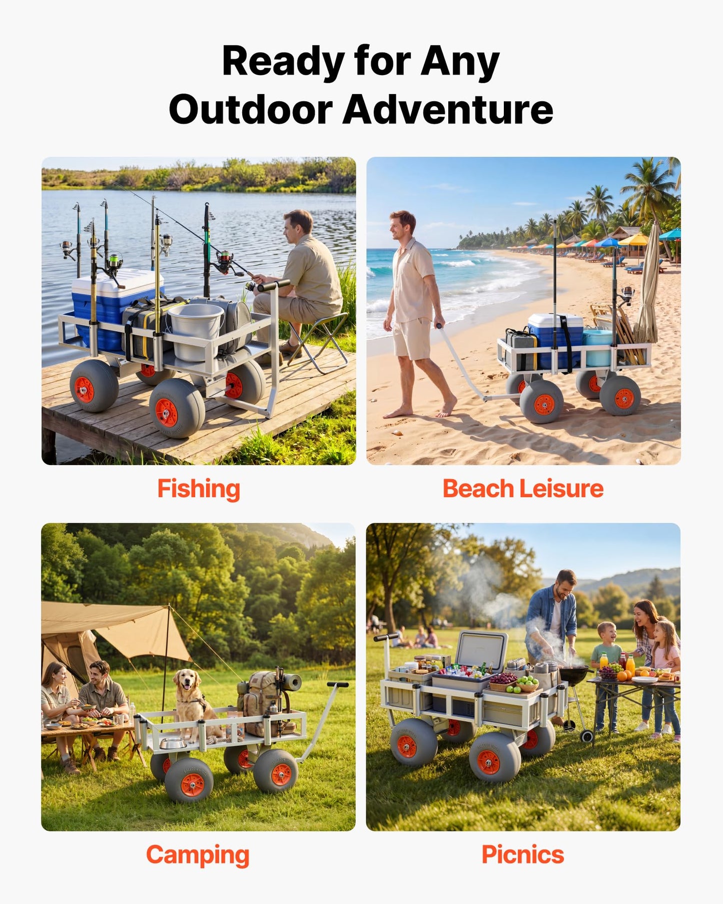 VEVOR Beach Fishing Cart, 350 lbs Load Capacity, Fishing Cart with Heavy-Duty Aluminum Alloy Frame, 13-Inch All-Terrain PU Balloon Tires, 6 Rod Holders, for Outdoor Activities Camping Picnic