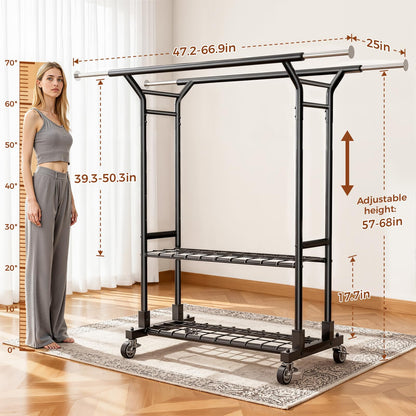 Luxspire Heavy Duty Clothes Rack Load 650 LBS, Double Rod Clothing Racks for Hanging Clothes, Rolling Garment Racks with Lockable Wheels, Shelves, Adjustable Laundry Hanging Rack, Black