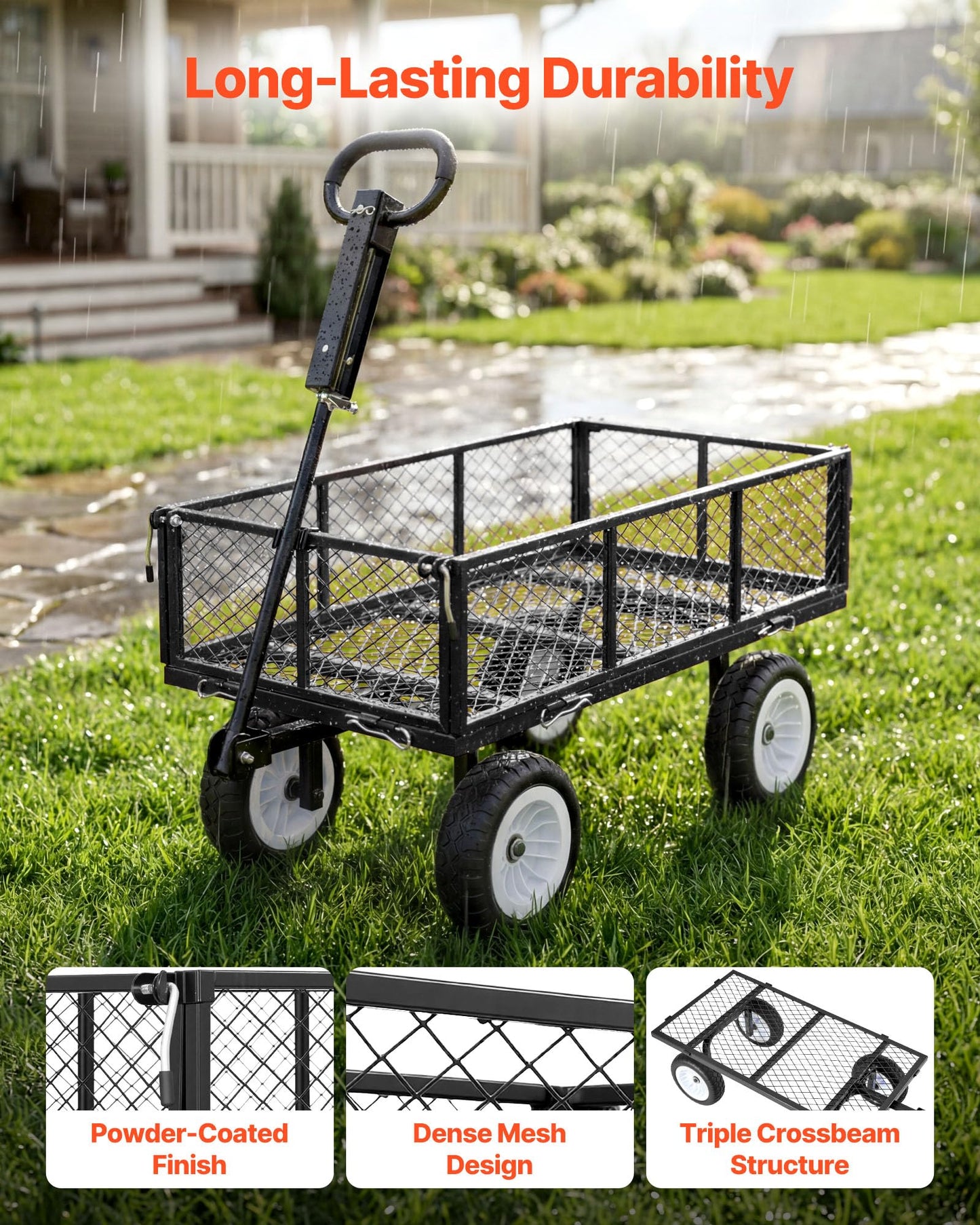 VEVOR 900 LBS Steel Garden Cart, 2 in 1 Handle, Heavy Duty Pullable Garden Wagon with 10" Flat-Free Tires, Outdoor Utility Yard Wagon Cart with Detachable Side Panels, Attach to ATV or Tractor