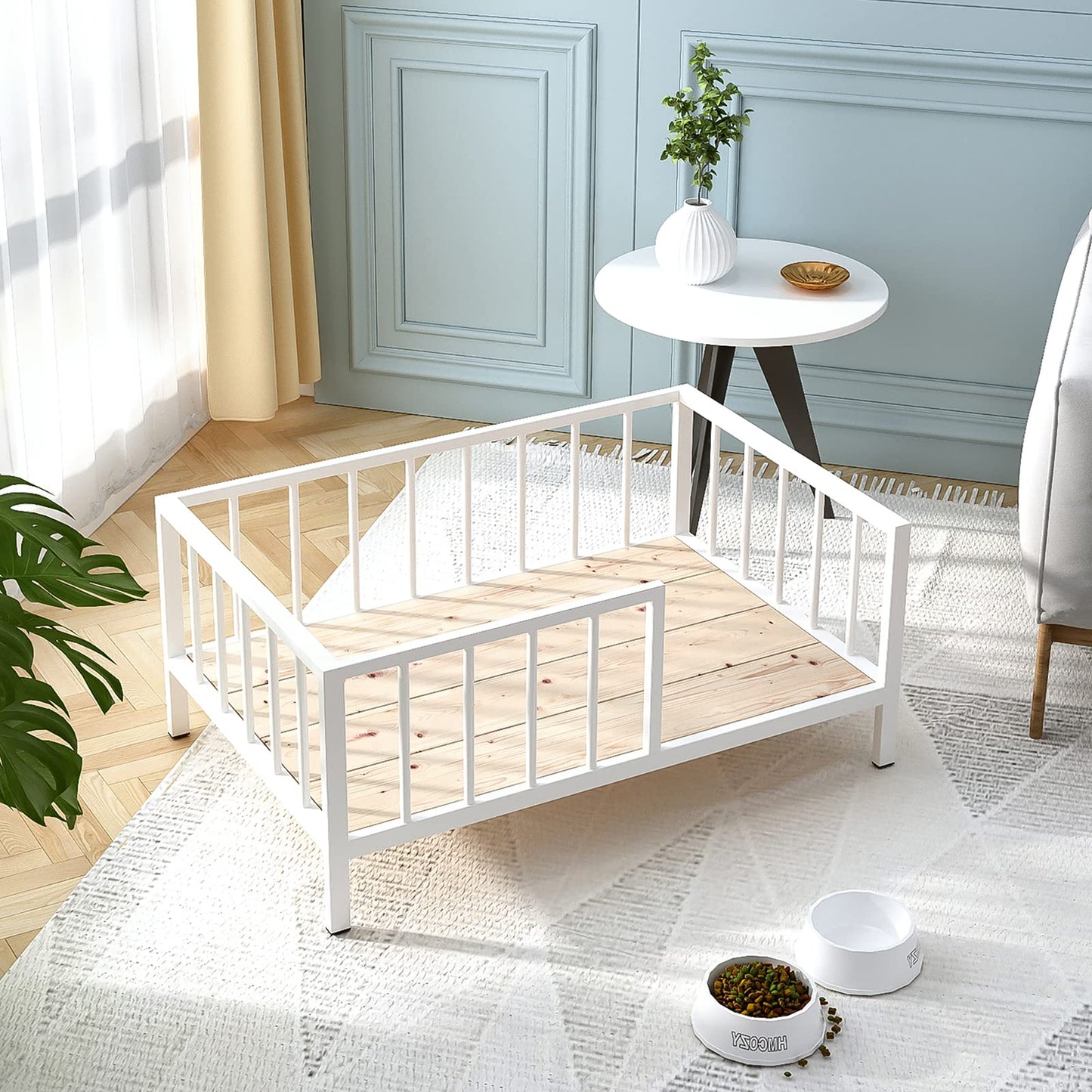OSCHF Dog Bed with Rails - Elevated Pet Metal Bed Frame with Solid Wood Board and Washable Soft Mat for Medium Dog Indoor or Outdoor Use, 25.2" x 37.8", White