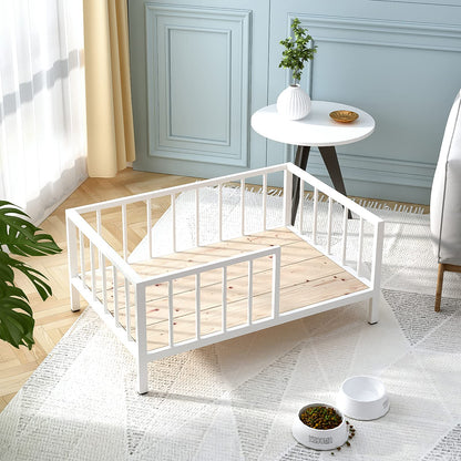 OSCHF Dog Bed with Rails - Elevated Pet Metal Bed Frame with Solid Wood Board and Washable Soft Mat for Medium Dog Indoor or Outdoor Use, 25.2" x 37.8", White