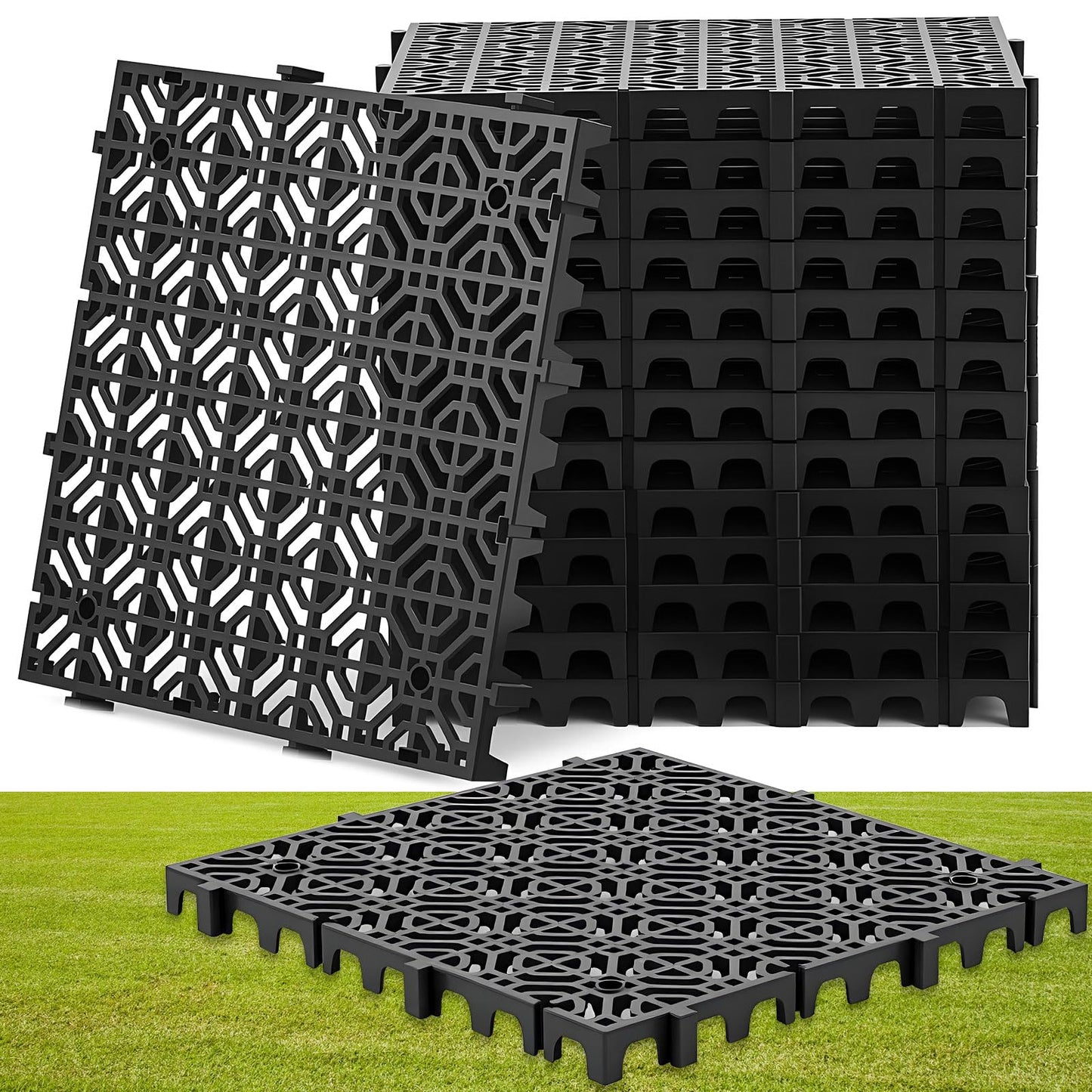 Wesnoy 15 Pcs 15.7 x 15.7 in Heavy Duty Ground Protection Mats Drive on Lawn Grates Grid Parking Pavers, Drain Interlocking Non-Slip Floor Mat, 6613 lb Load for Stone Grass Grid Permeable (Black)