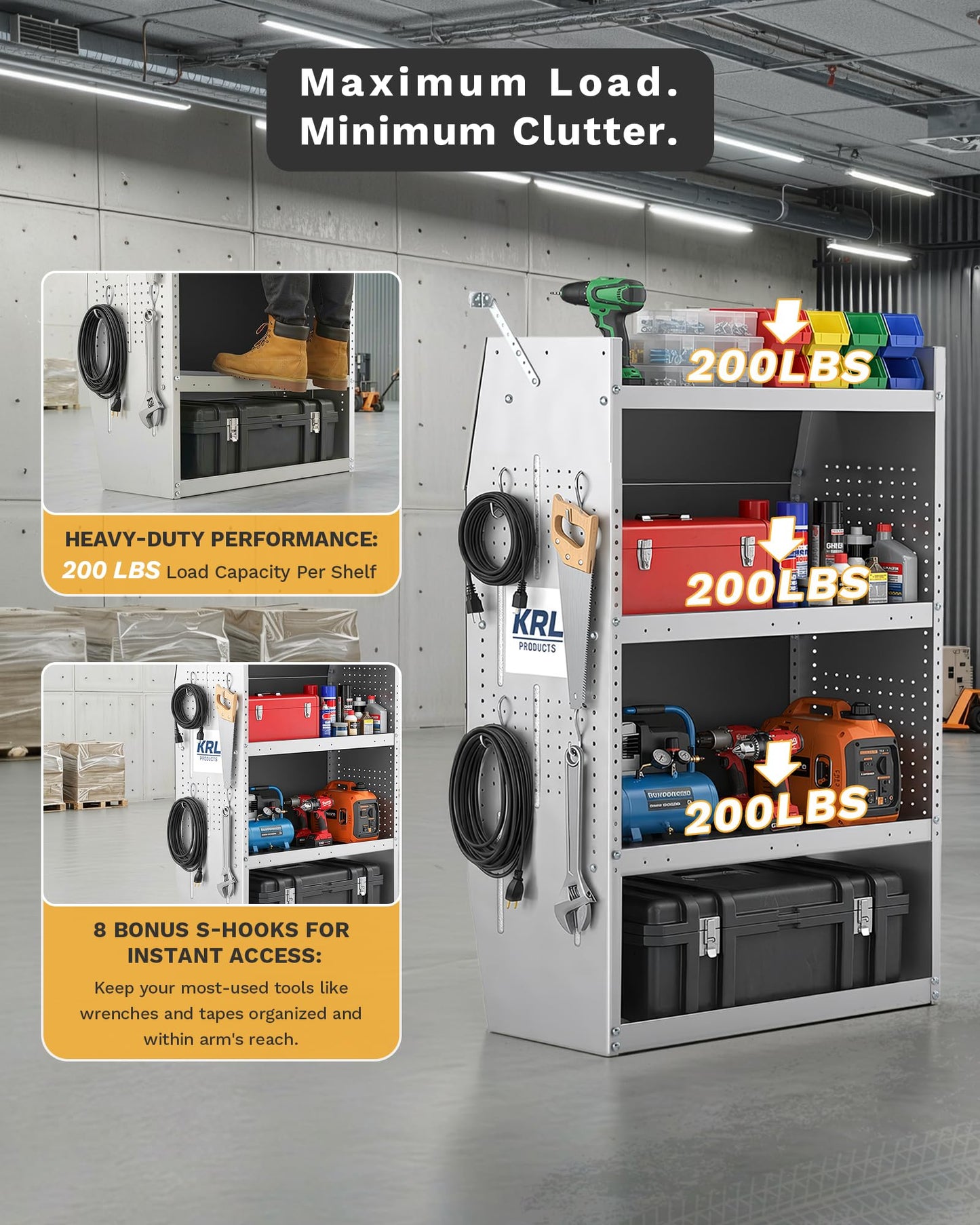 KRL PRODUCTS SV-4246 Steel Low/Mid/High Roof Van Shelving Storage System Fits Transit, GM, NV, Promaster, Sprinter and Metris, Contoured Shelving Unit, 42" W * 46" H * 13" D