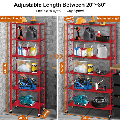 Himix 6 Tier Foldable Storage Shelves, Expandable Folding Bookshelf with Wheels, Changeable into 2 Shelf Units, Collapsible Adjustable Storage Rack Metal Shelves for Garage Kitchen, Basement, Red